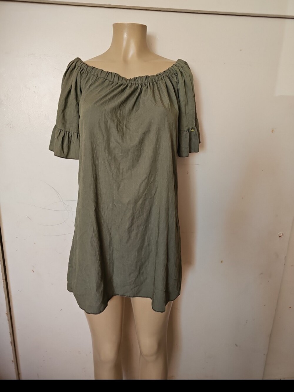See You Monday Olive Off-Shoulder Ruffle Sleeve Tunic